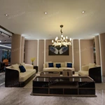 Beige Leather Sofa Set with Dark Natural Wood Veneer & Gold Stainless Steel Trim